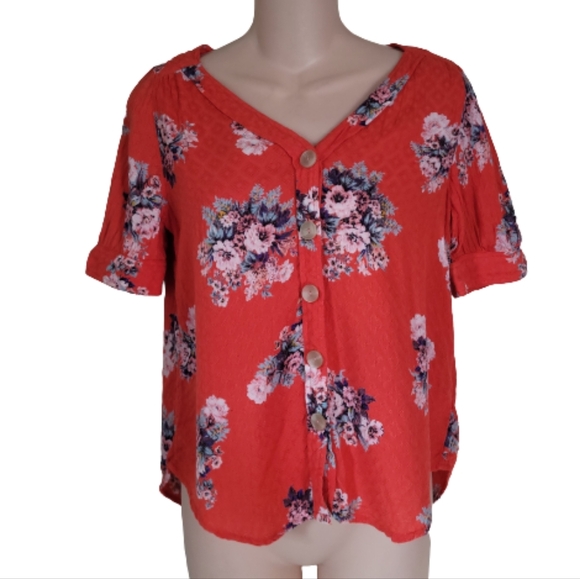 Maeve By Anthropology Reddish Orange Floral Hi-Low Blouse Size Women's 0 - Picture 1 of 9